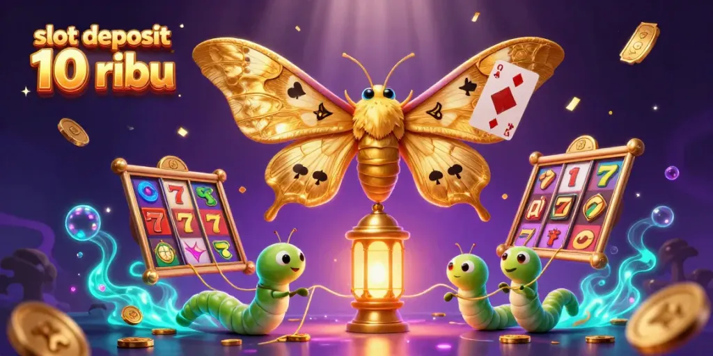 Experience thrilling entertainment with slot deposit 10 ribu featuring vibrant slot reels, a majestic moth, and cascades of golden coins.