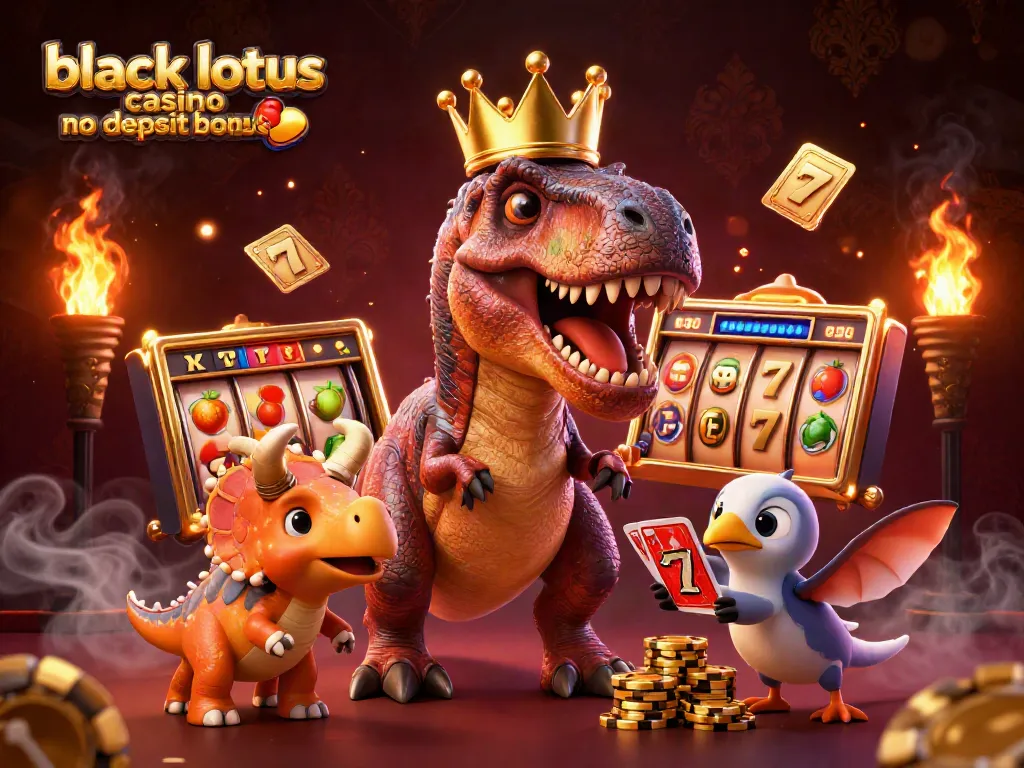 Engage with the black lotus casino no deposit bonus through this vibrant 3D gambling scene featuring a cartoon T-Rex and friends.