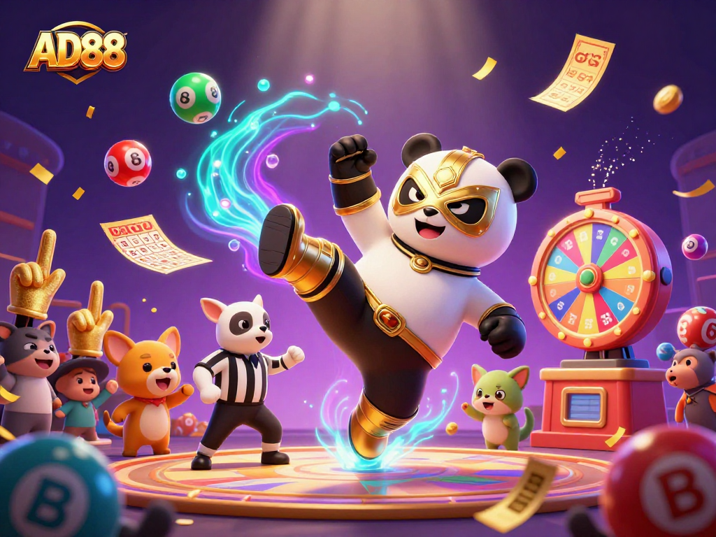 Engage in thrilling casino fun with AD88's vibrant lottery scene featuring animated characters and dynamic games.
