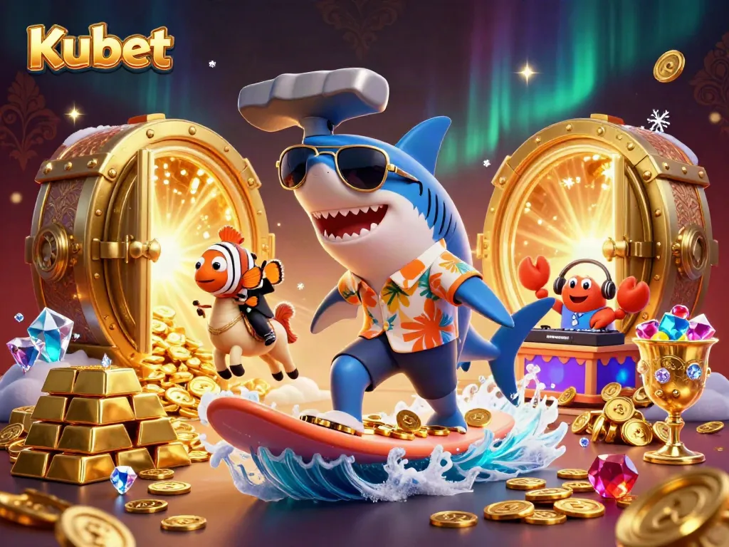 Kubet casino scene with a shark surfing gold coins, clownfish, crab DJ, and treasure.