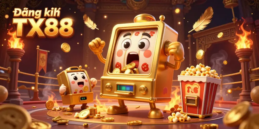 Experience the excitement of Đăng ký TX88 as golden slot machines celebrate winning moments with coins and joy.