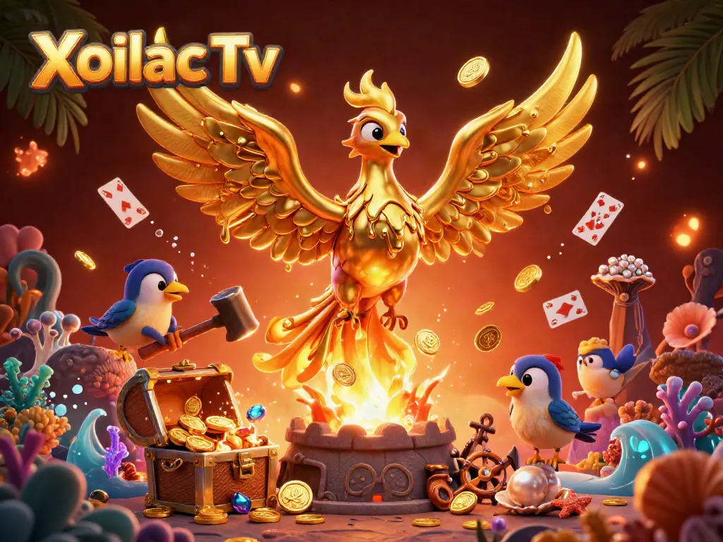 Xoilac Tv showcases a vibrant scene with a molten metal phoenix and festive casino elements, emphasizing excitement and entertainment.