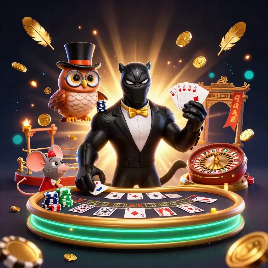 Panther, owl, and mouse in a neon casino tableau with roulette, cards, chips, and gold light.