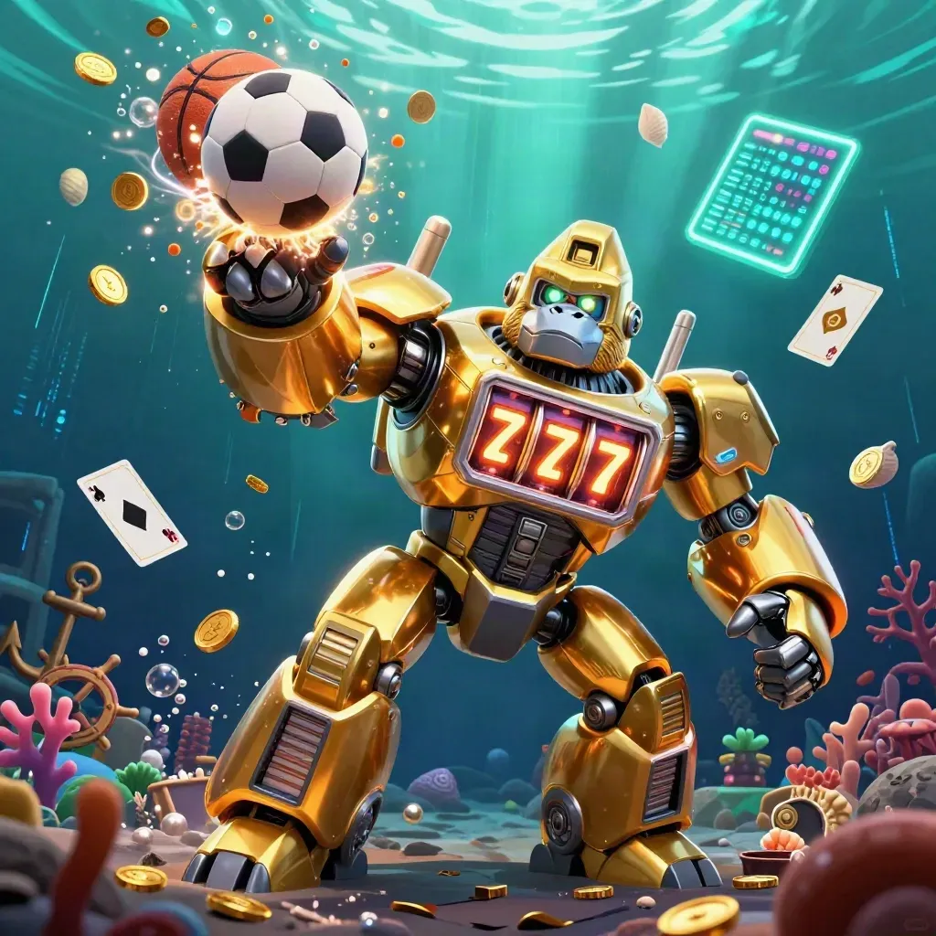 Golden gorilla mech in an underwater treasure cove, with coins, coral, balls, and neon energy.