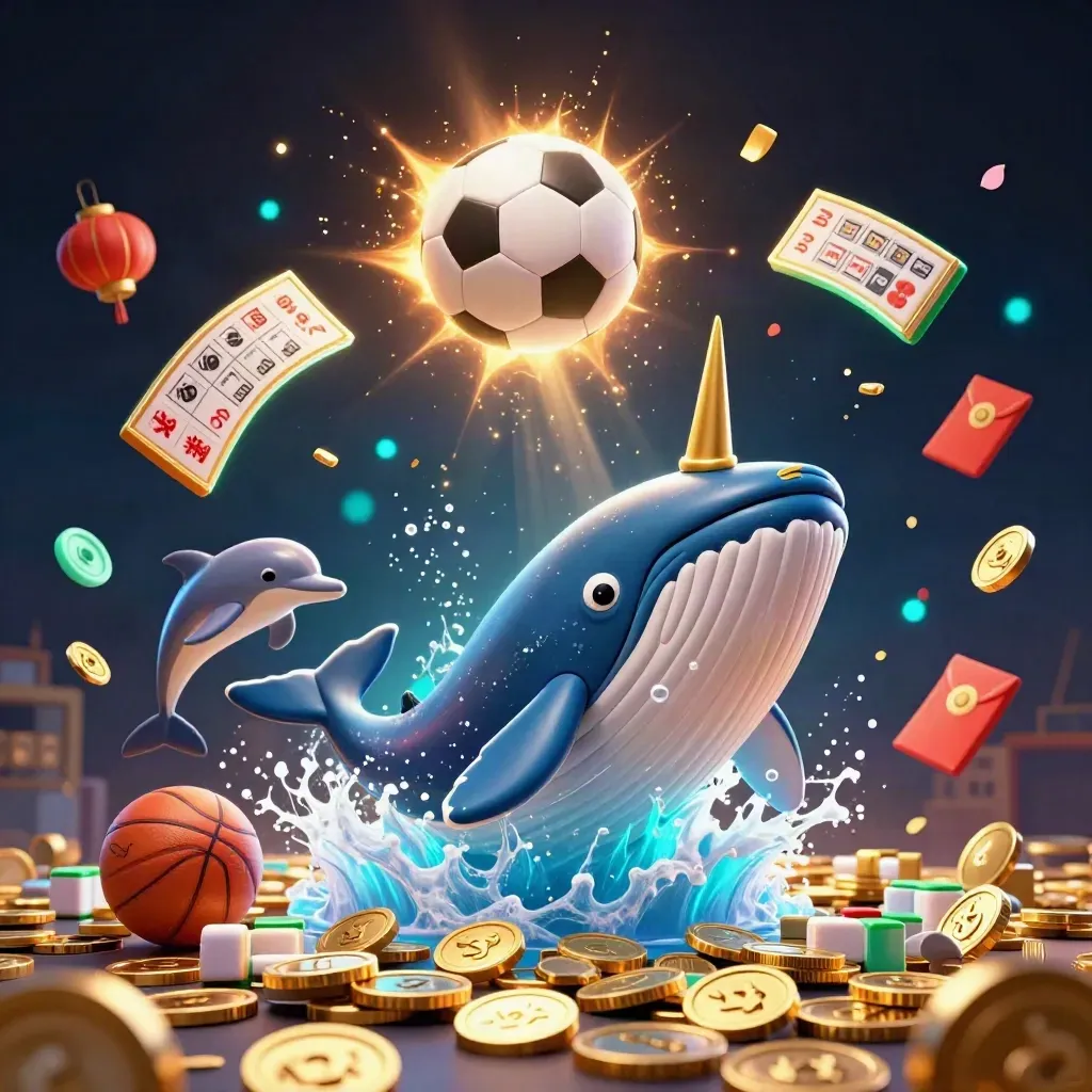 Fantasy soccer scene with whale captain, narwhal, dolphins, and neon casino coins under stadium light.