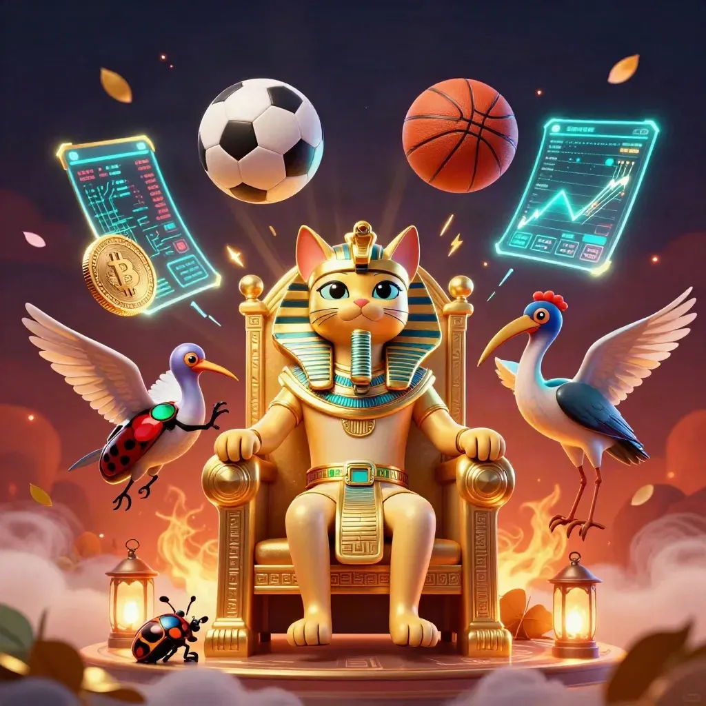 Pharaoh cat on throne with ibis scribe, scarabs, coins, and soccer and basketball in a fiery casino fantasy