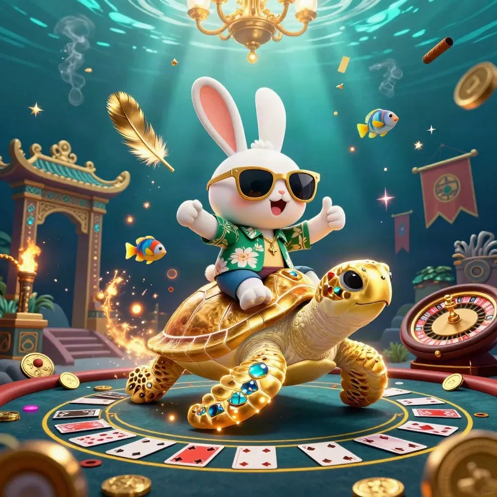 Lucky rabbit rides a gold turtle through a neon underwater casino scene with fish and sparkles