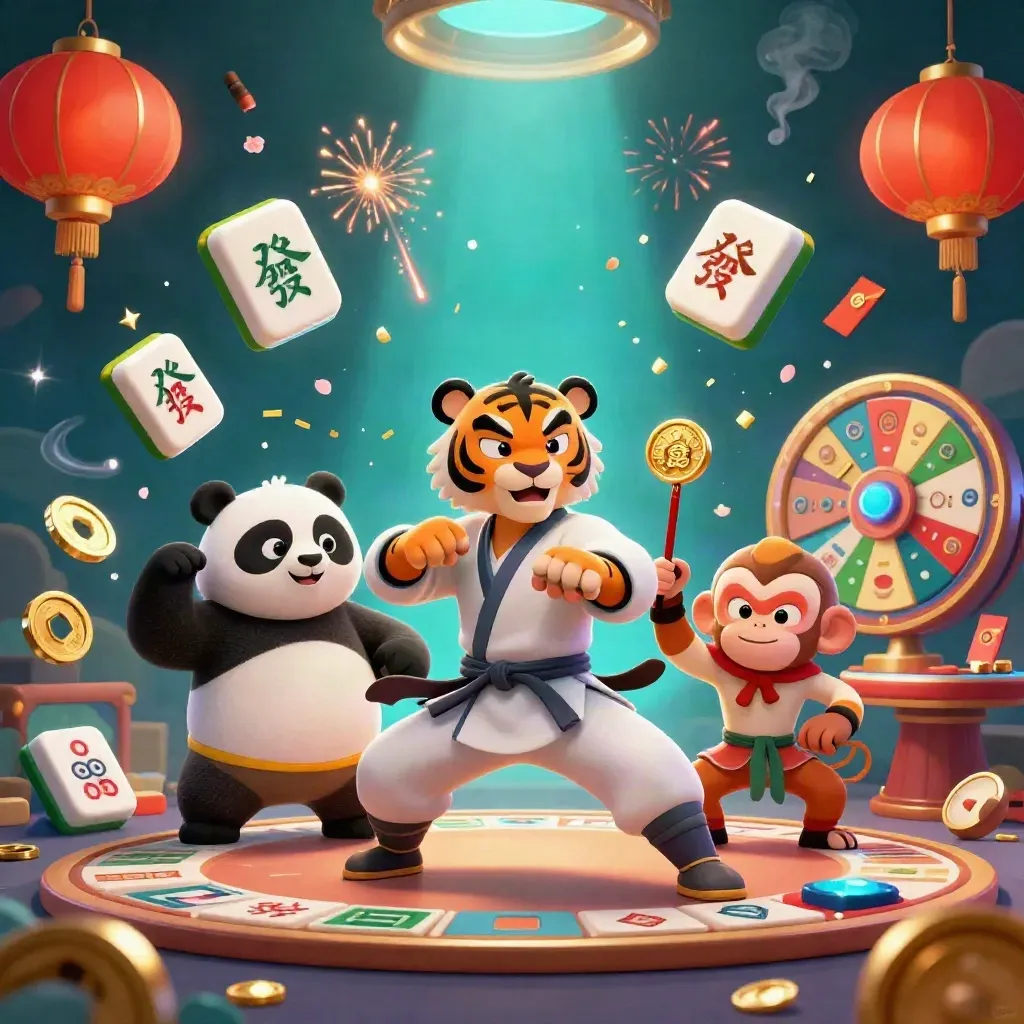 Kung-fu tiger, panda, and monkey amid casino luxe, lanterns, jade coins, fireworks, and neon glow.