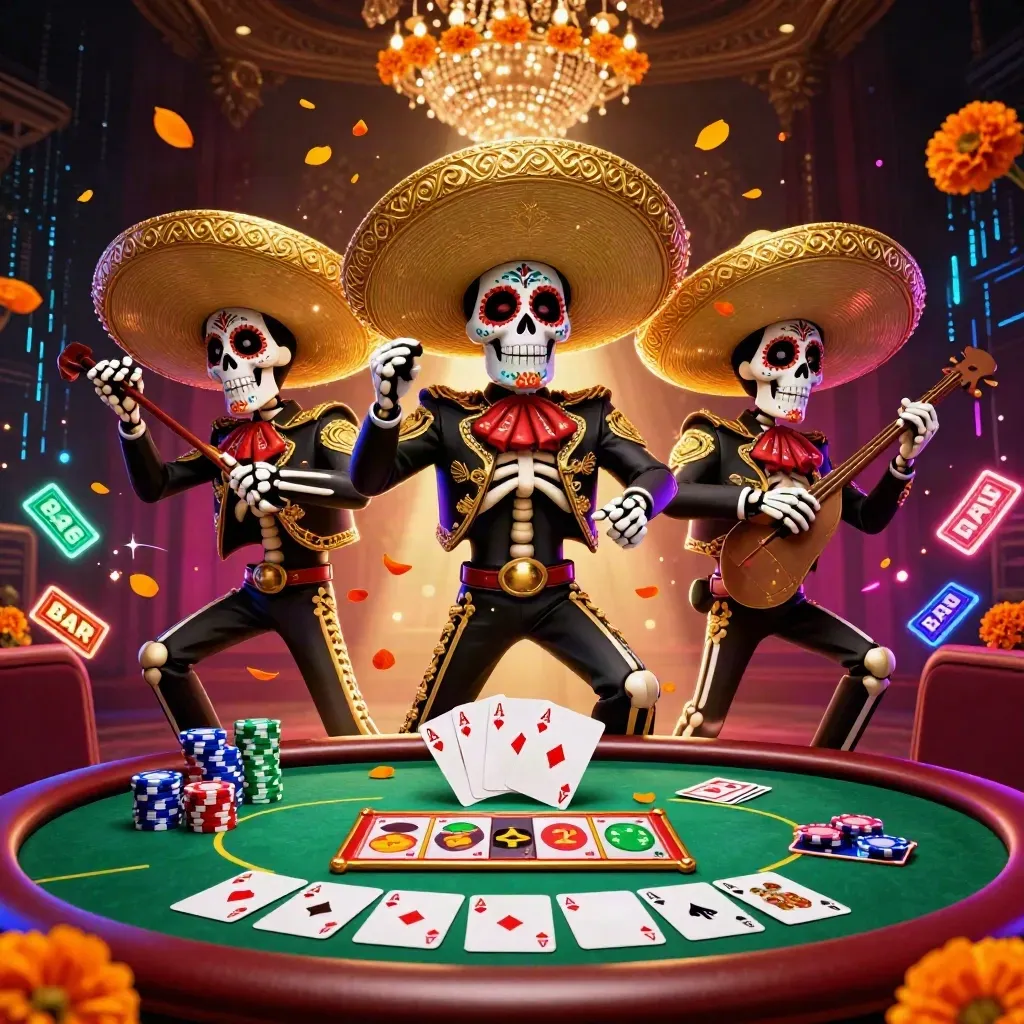 Skeleton mariachi trio amid casino chips, aces, reels, and gold neon light