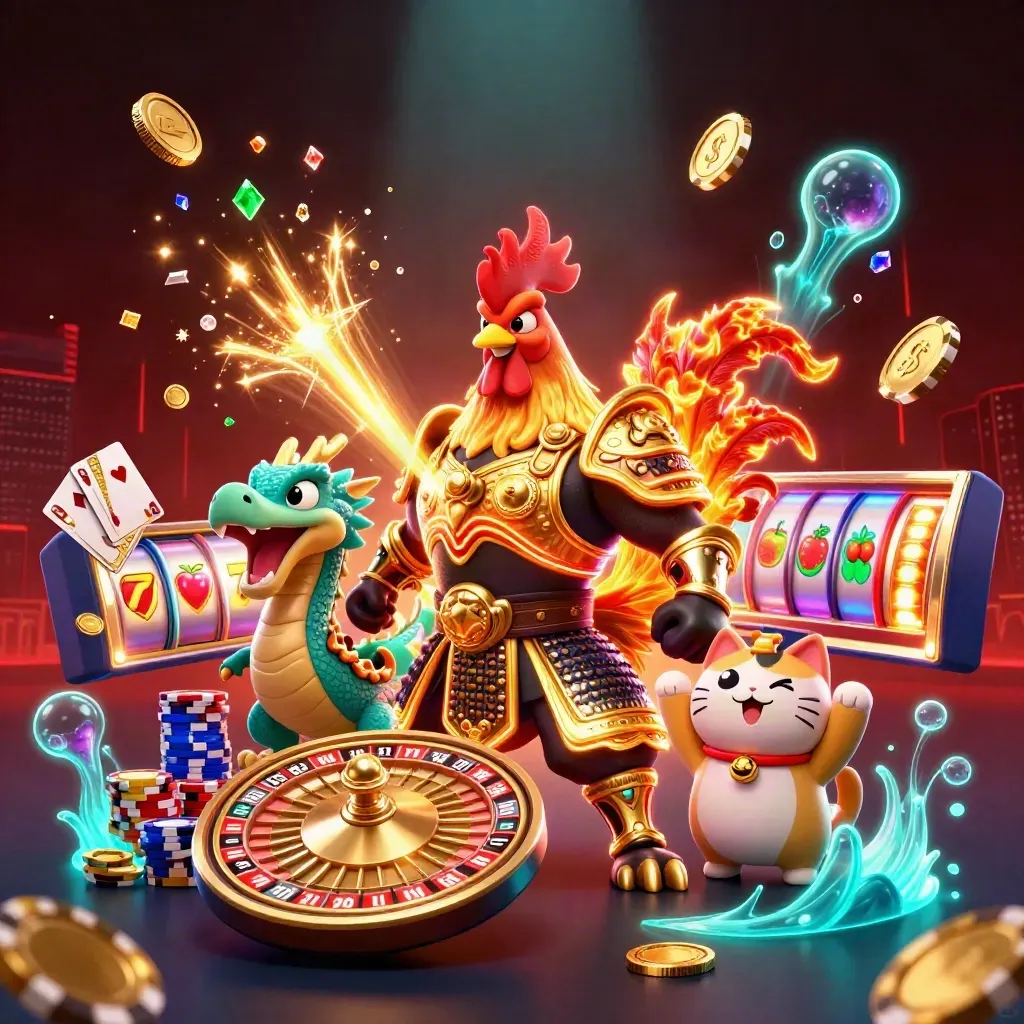 Rooster warrior, dragon hatchling and fortune-cat amid coins, chips and a spinning roulette wheel
