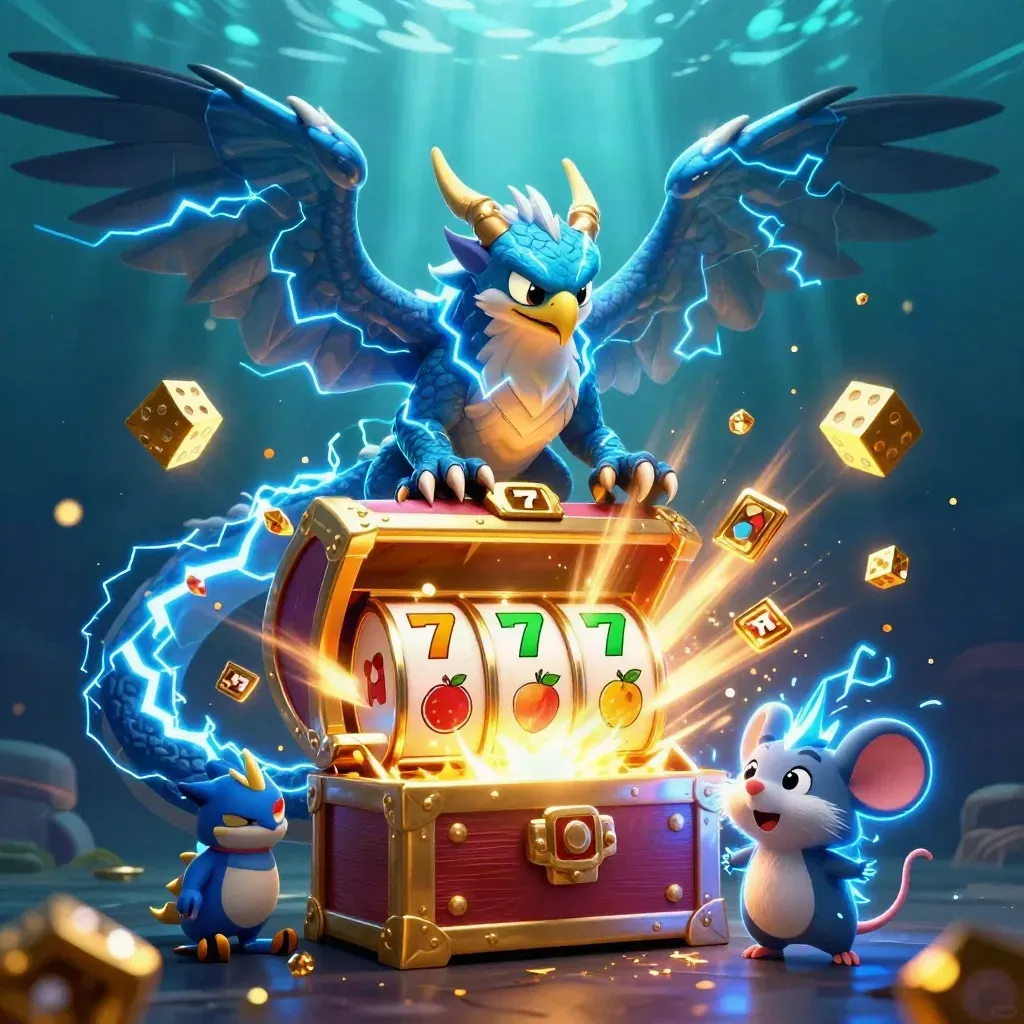 Thunder dragon, wind hawk, and static mouse amid jackpot slot burst and treasure