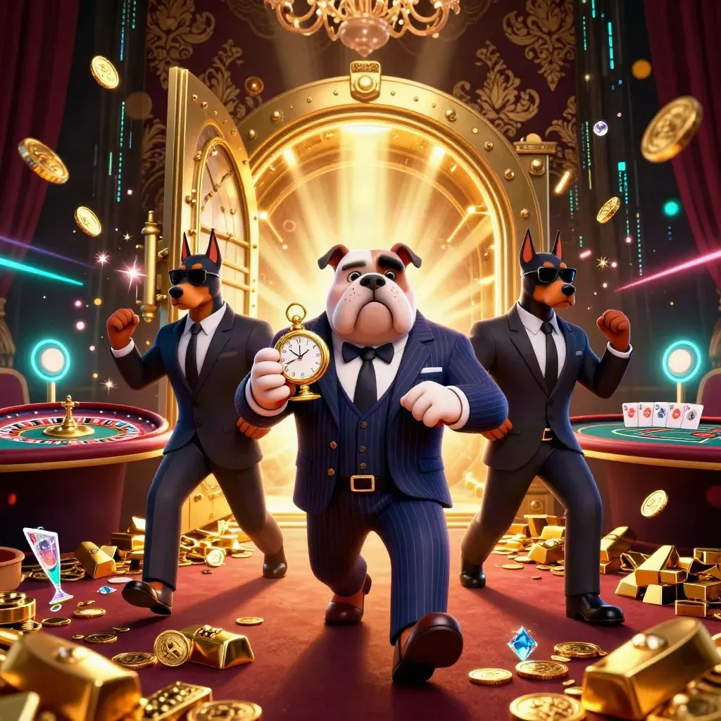 Bulldog boss and Doberman guards burst from a glowing vault with gold, gems, and neon casino energy.