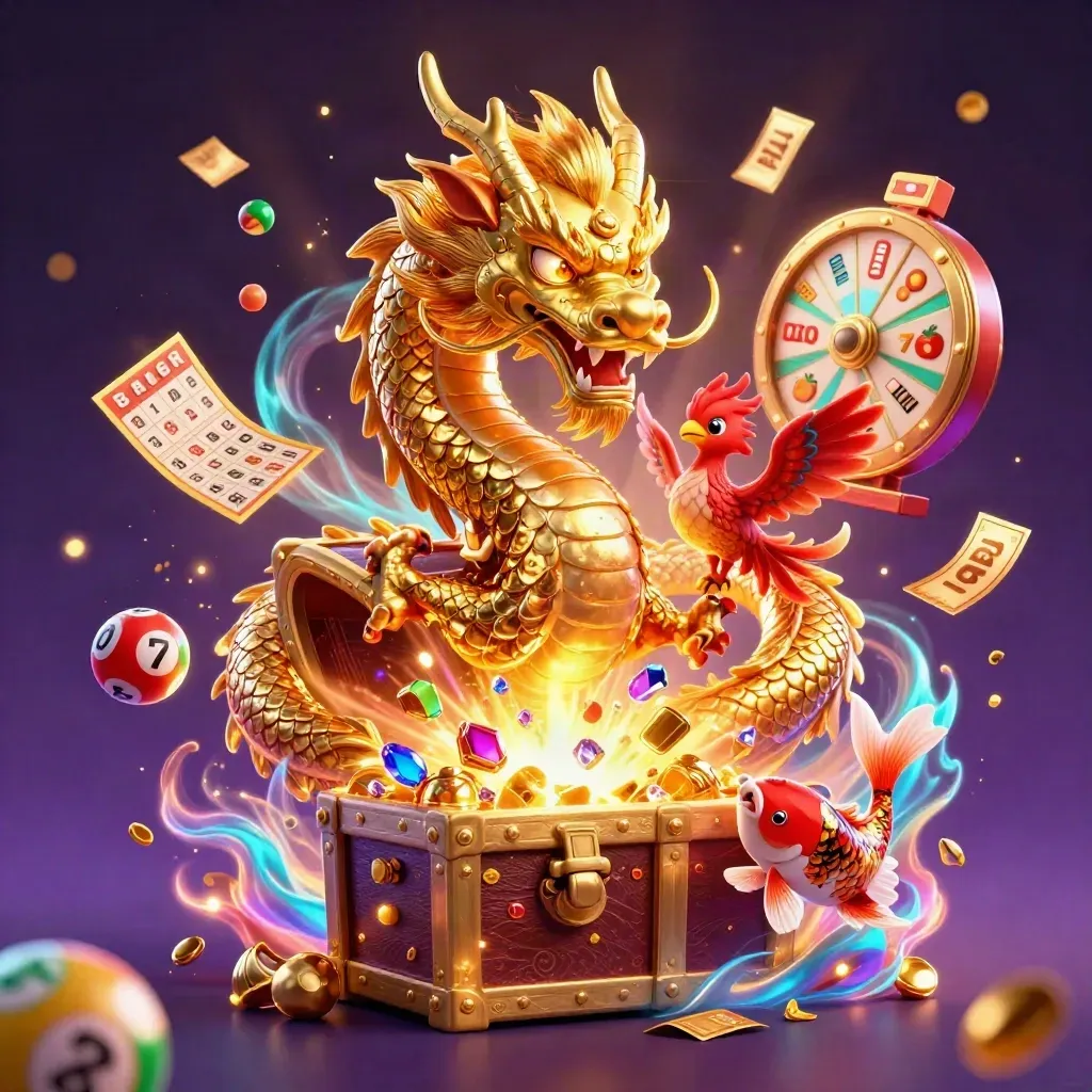 Golden dragon with phoenix and koi amid cyan casino burst, treasure, lottery balls, reels, and spark effects.