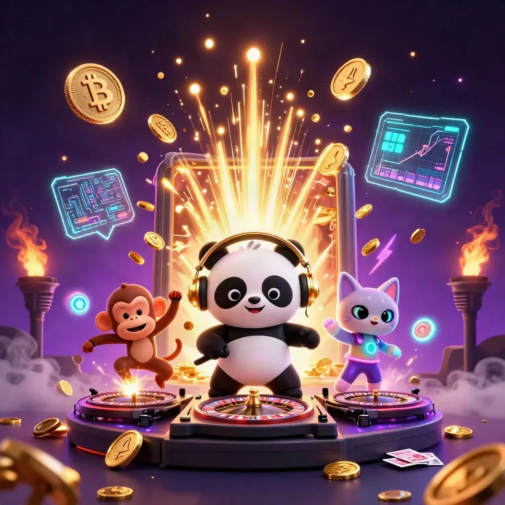 DJ panda, dancing monkey, and glow-stick kitten amid casino coins, fireworks, and neon effects
