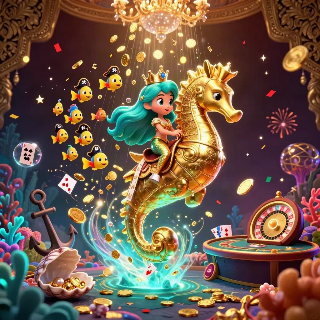 Mermaid princess on armored seahorse amid gold coins, fish, cards, and casino props