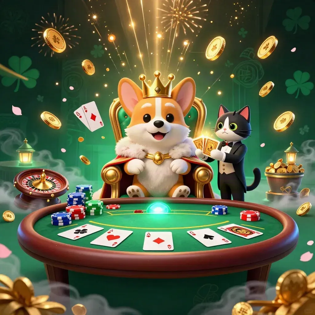 Royal corgi and cat butler amid coins, chips, cards, fireworks, and casino glory.