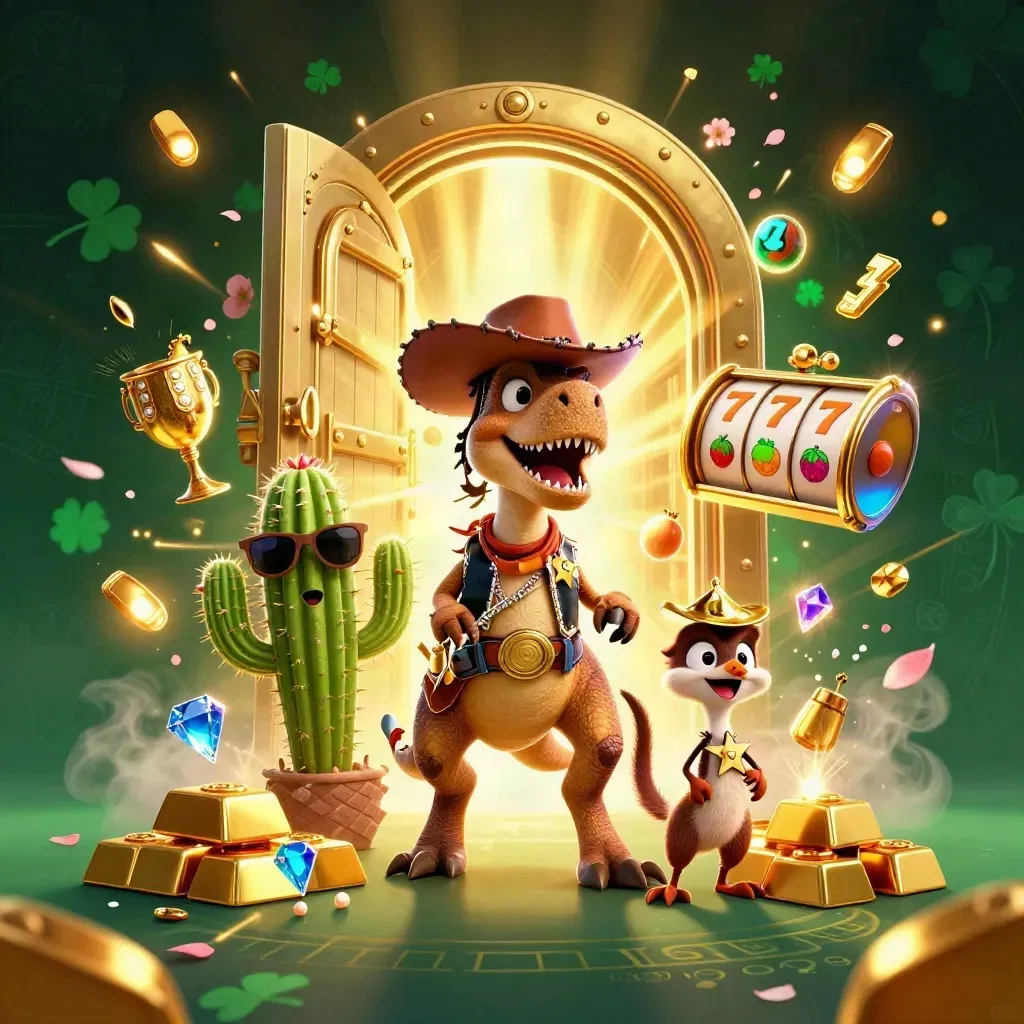 Cowboy T-Rex, cactus sidekick, and roadrunner burst from a gold vault with casino loot.
