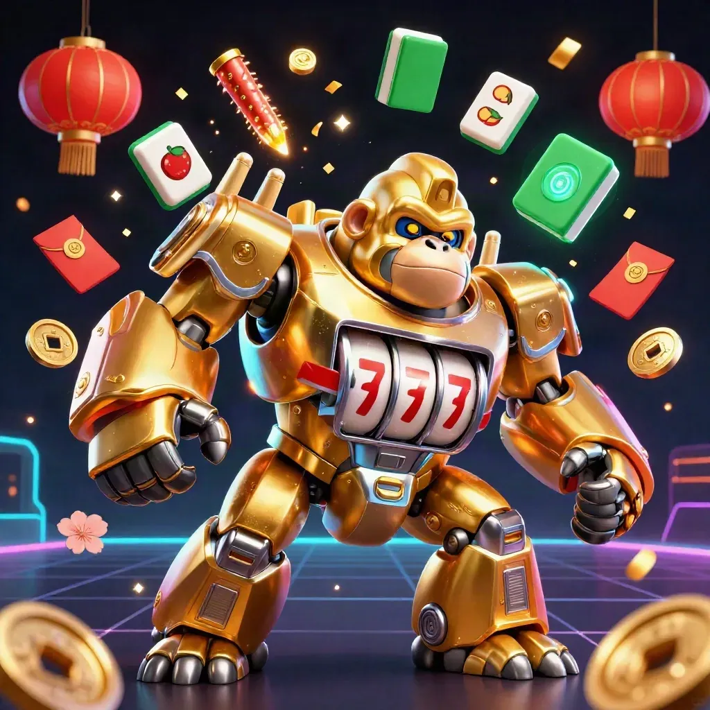 Golden gorilla slot mech with monkey pilot, reels, coins, lanterns, and neon casino effects