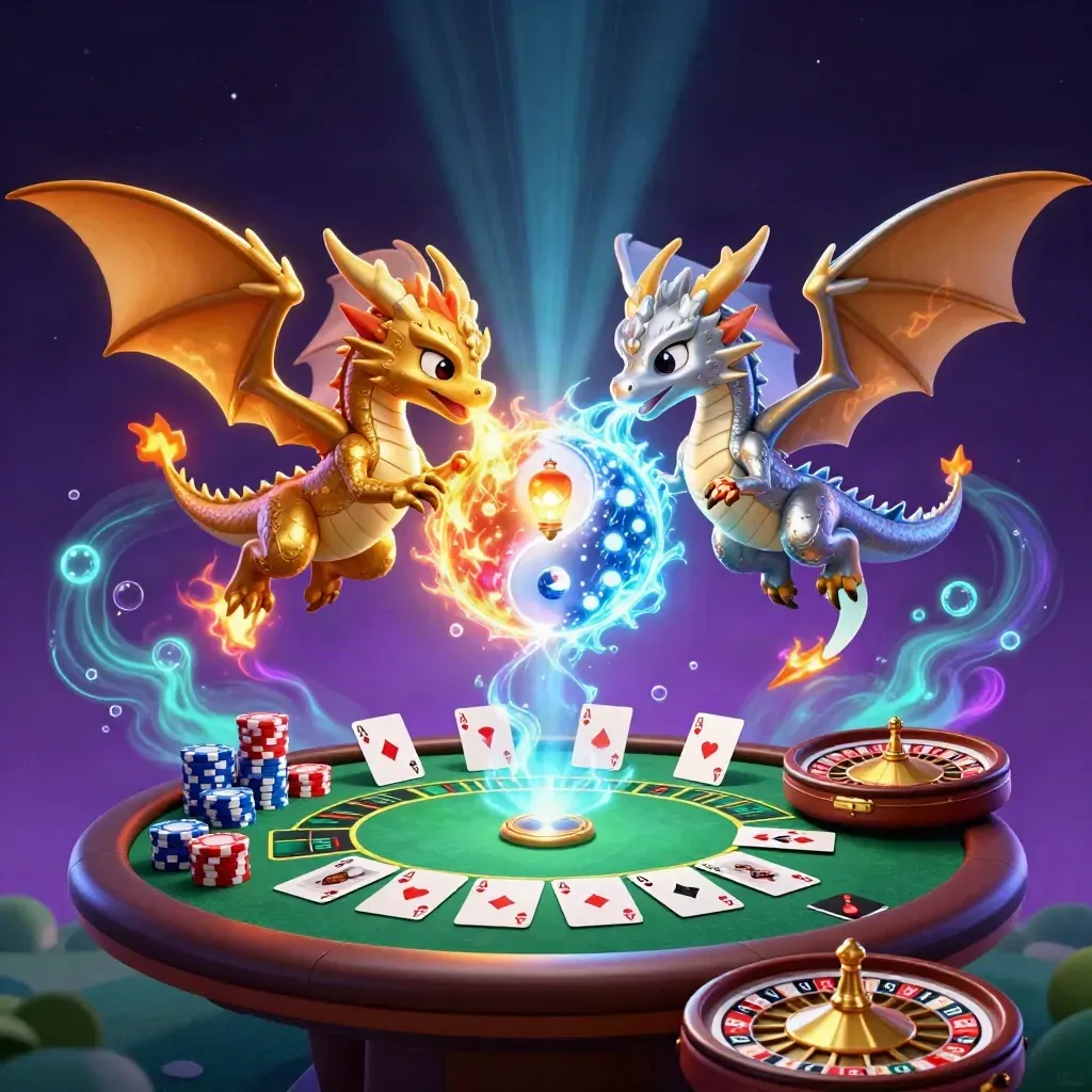 Twin gold and silver dragons swirl around casino cards, chips, and a glowing lantern spirit.