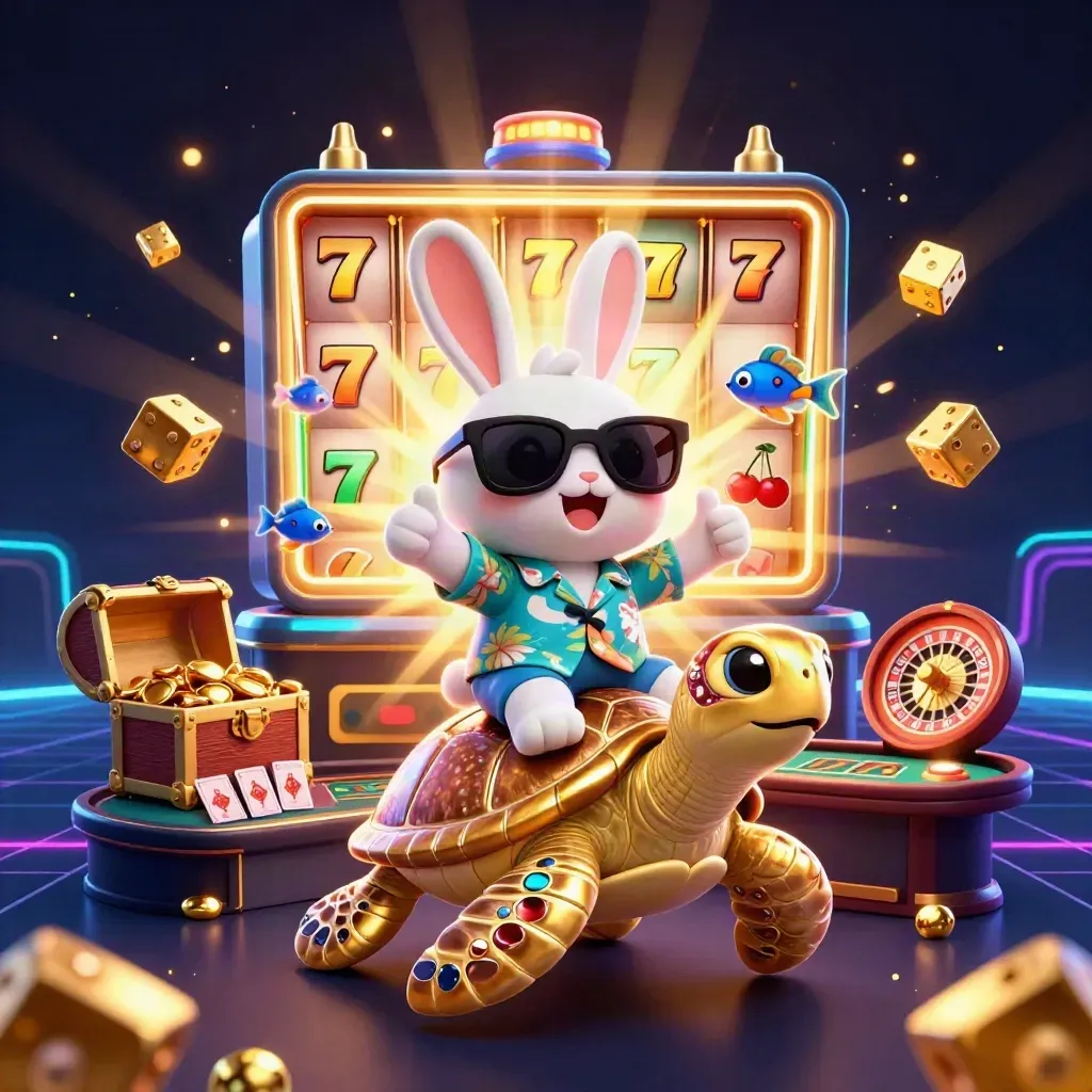 Lucky rabbit on a golden turtle amid slot burst, casino chips, neon glow, and treasure