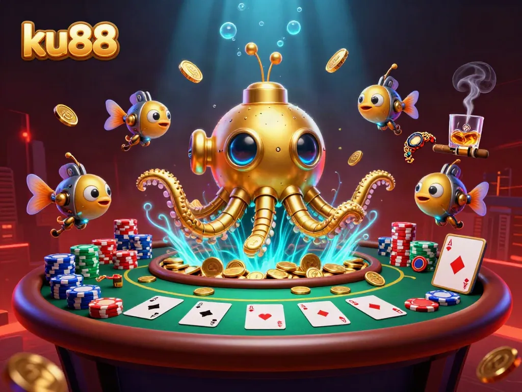 Experience the thrilling world of ku88 with a vibrant underwater casino scene featuring dynamic poker elements.