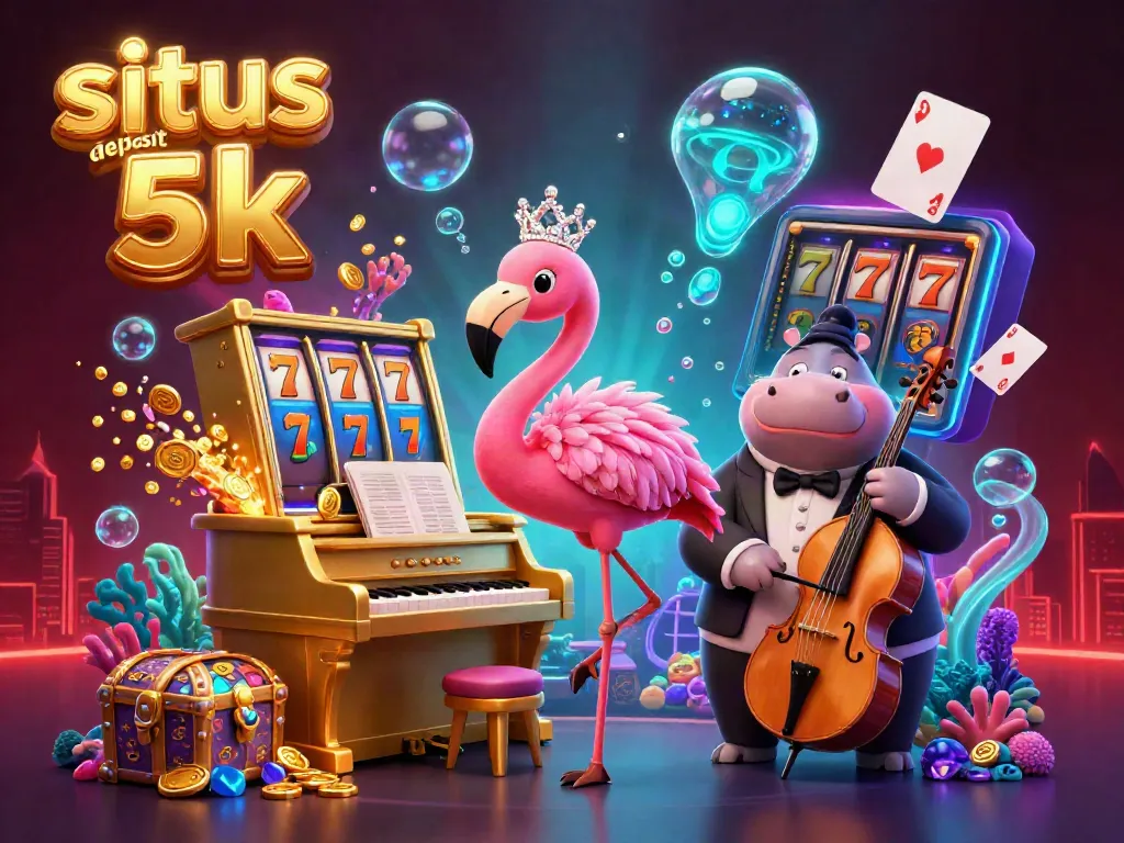 Experience the excitement of situs deposit 5k with our vibrant casino illustration, featuring a singing flamingo and hippo bassist.