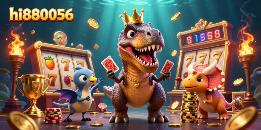 Engage with the hi880056 online slots as a T-Rex shuffles cards with friends in a vibrant casino scene.