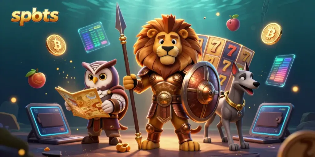 Experience exhilarating slots action with a heroic Spartan lion, tactical owl, and swift greyhound amidst vibrant gaming elements.