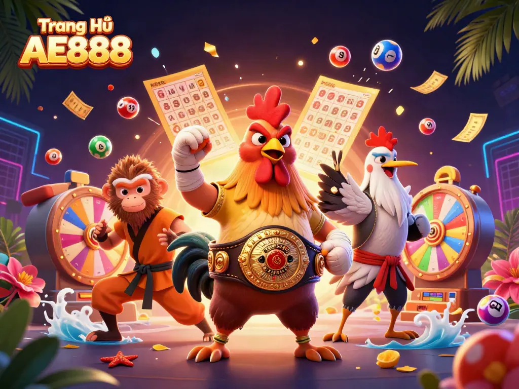 Engage with Trang Chủ AE888 at a vibrant online casino illustration featuring dynamic gambling elements.