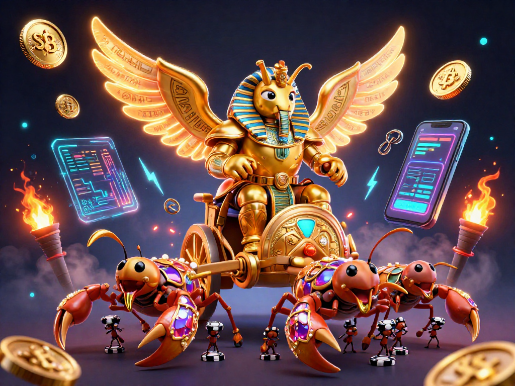 S8 online casino features a colossal scarab beetle leading gaming adventures, showcasing vibrant crypto elements.