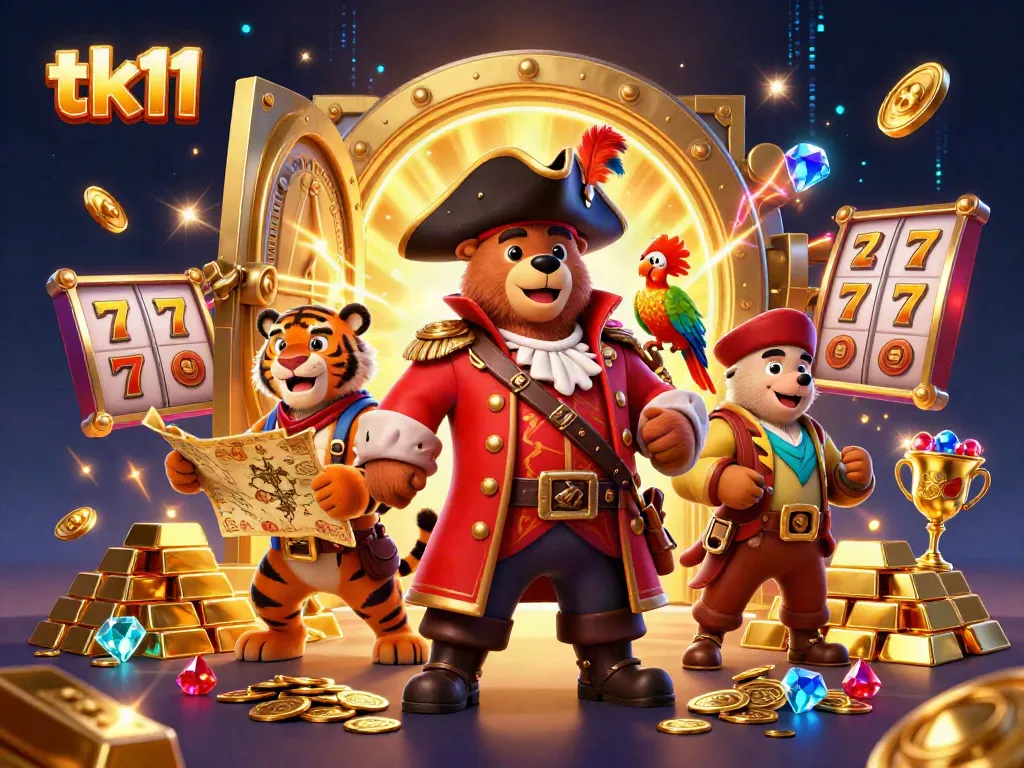 Experience the excitement of tk11 with vibrant characters amidst a dazzling casino treasure scene.