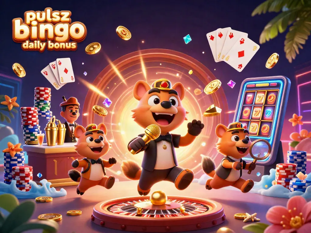 Pulsz bingo daily bonus scene showing hyenas in a casino club with golden coins, vibrant colors, and energetic gaming atmosphere.