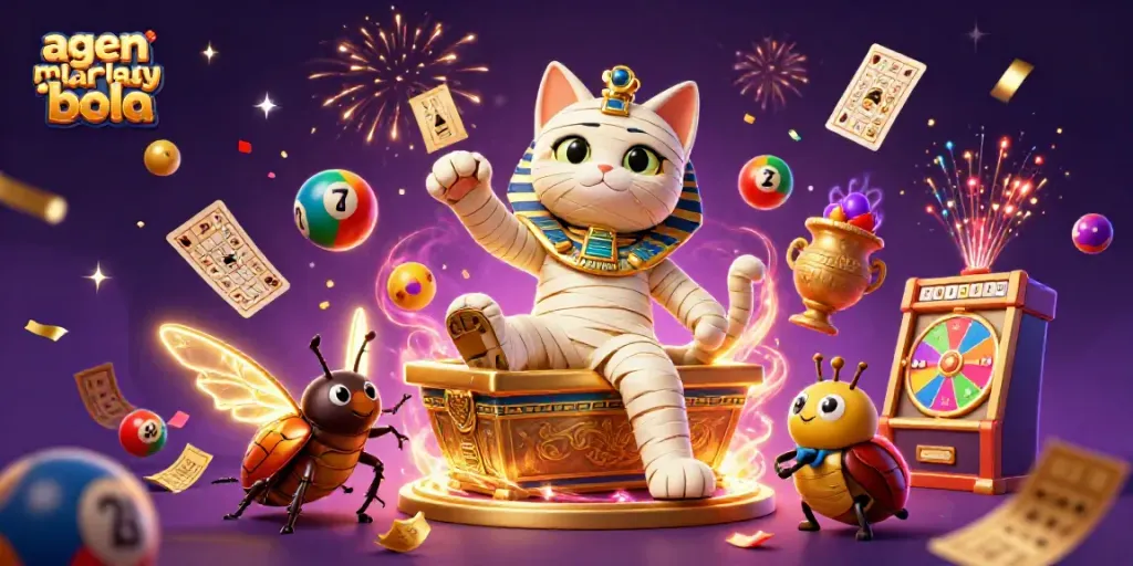Experience the thrill of agen mix parlay bola in this vibrant casino scene with mummy cat and scarab!