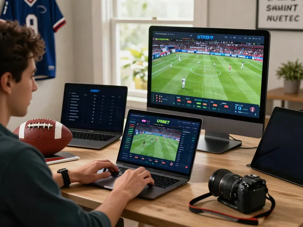Engaging with Ufa online betting platform in a cozy home office.