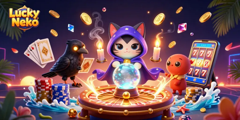 Engage with Lucky Neko by spinning vibrant roulette wheels and uncovering treasure in this dazzling casino scene.