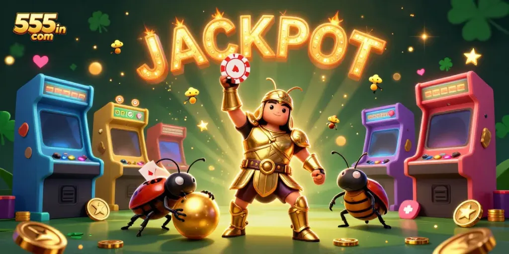 Experience the excitement of 555win com with vibrant 3D gambling-themed characters and game elements.
