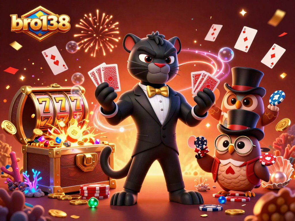 Engage with bro138's thrilling slots featuring a panther dealing cards amidst a dazzling casino scene.
