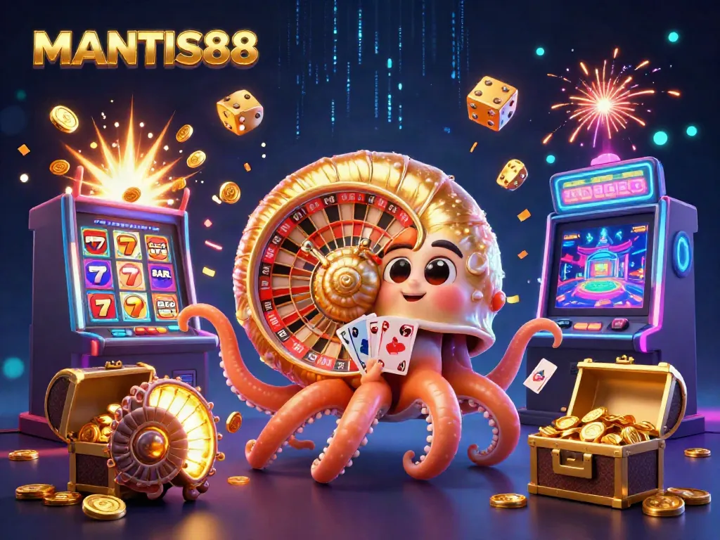 Experience MANTIS88's thrilling casino games embodied by a cartoon nautilus holding cards, surrounded by jackpots.