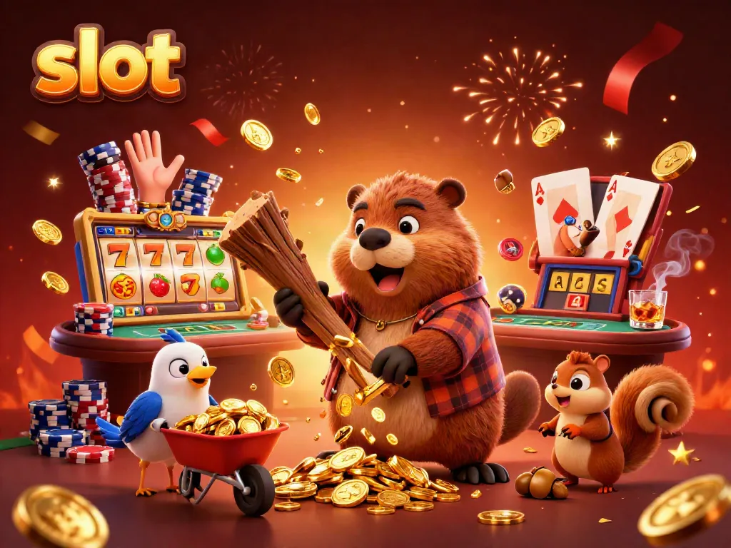 Permainan slot menarik dengan beaver pemotong kayu mengumpulkan koin emas di kasino.