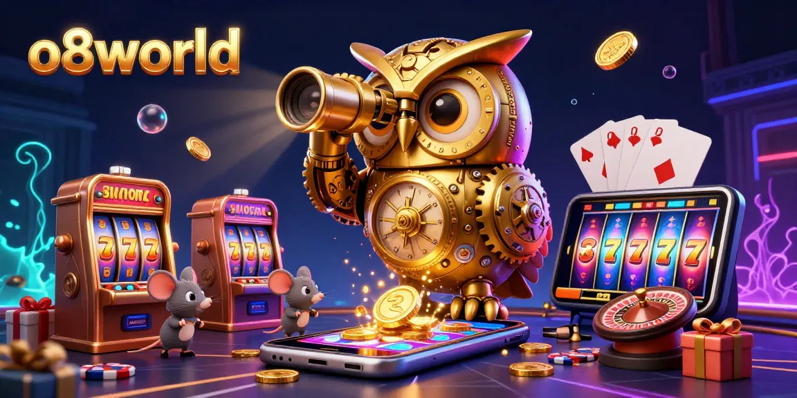 Experience the thrilling casino atmosphere with o8world's whimsical 3D scene featuring a golden owl and rich game elements.