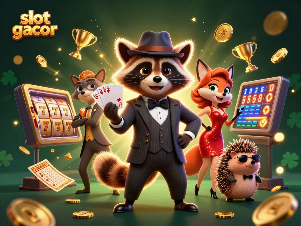 Engage with slot gacor excitement in a vibrant casino scene featuring charming characters and dynamic game elements.