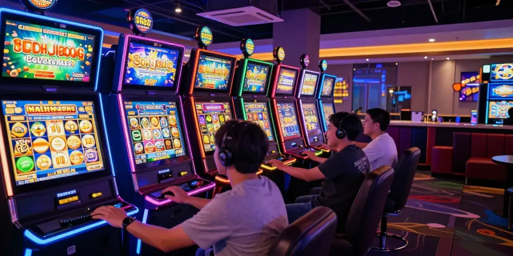 Players experiencing the excitement of Slot MAHJONGJP88 in a vibrant gaming lounge.