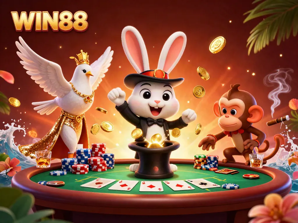 Engage in thrilling gameplay with WIN88 as a magician rabbit conjures coins at a lively casino scene.