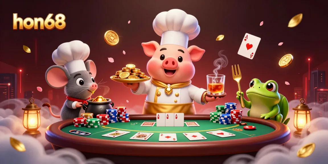 hon68 showcases an enchanting 3D cartoon scene with vibrant characters serving gold coins and exciting poker elements for gamblers.