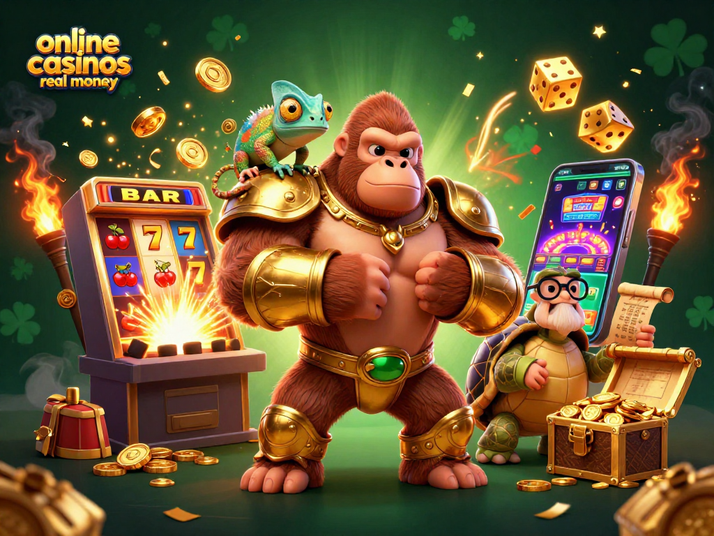 Engage with online casinos real money featuring a powerful gorilla king, chameleon, and tortoise in a dynamic casino scene.