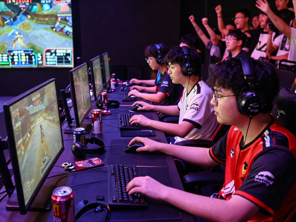 Arena esports dengan pemain bos88 beraksi, suasana kompetitif yang energik