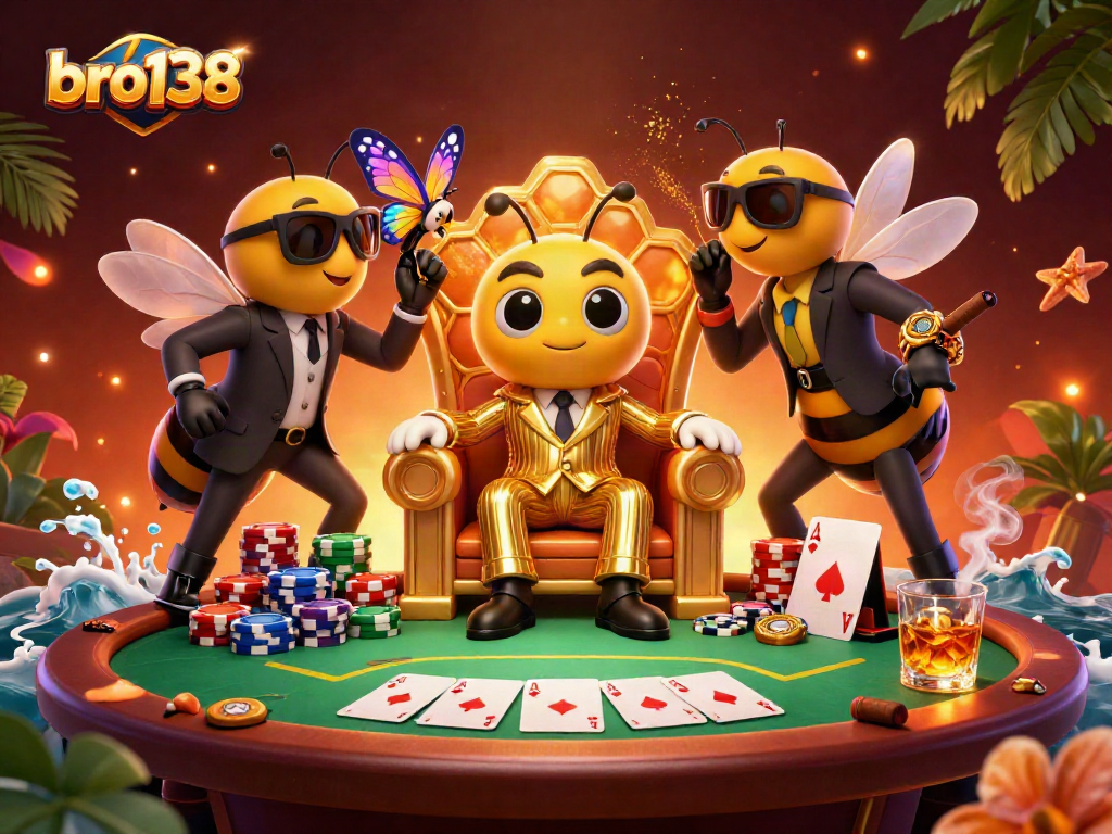 Bro138 bermain poker di kasino dengan suasana megah dan karakter unik.