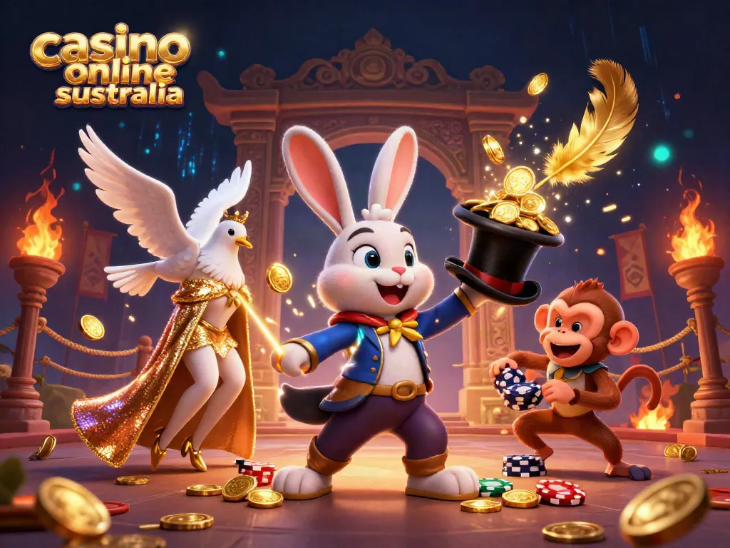 Experience winning thrills at casino online australia with a vibrant 3D illustration of a magician rabbit, dove, and monkey.