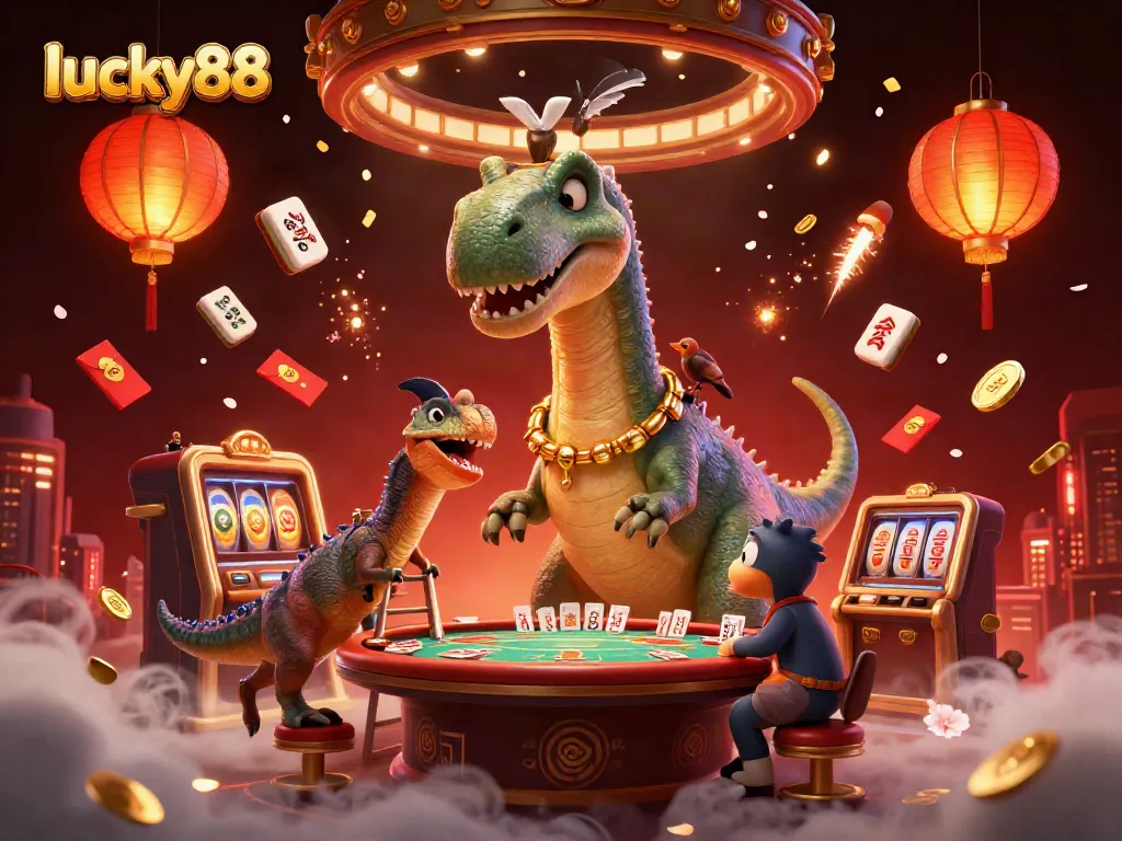 Experience lucky88's vibrant casino atmosphere with a brontosaurus, raptor, and dynamic gaming elements.