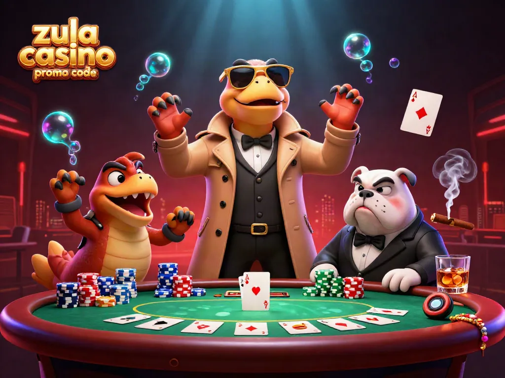 Experience the excitement of Zula Casino promo code with playful raptors entering a VIP lounge amidst vibrant gaming elements.